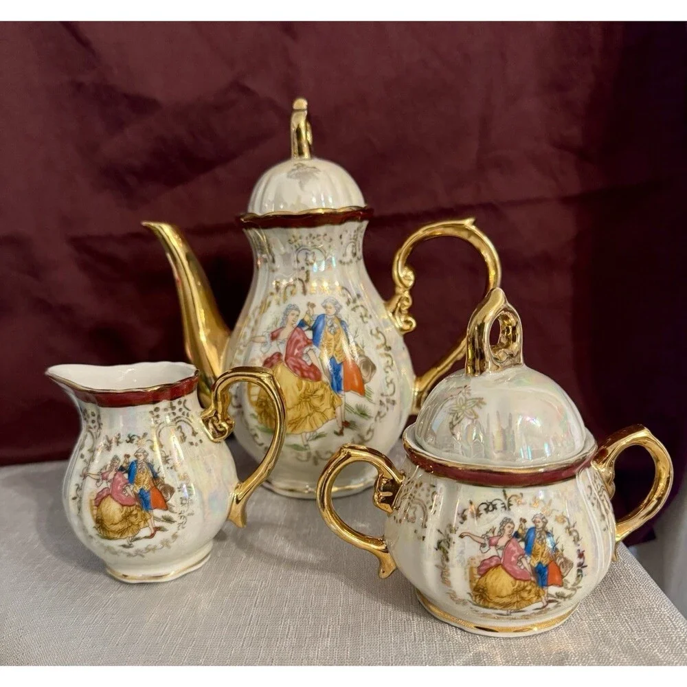 Porcelaine de Luxe A.D.P. Tea Set Teapot, Sugar, Creamer~ Courting Couple